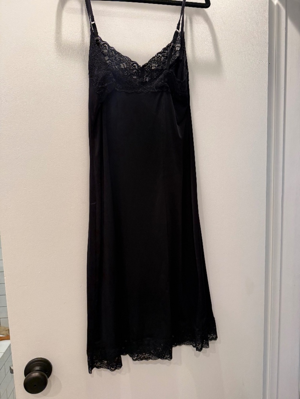 Elegant Black Satin Lace Maxi Slip Dress Nightgown